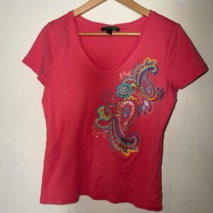 Lauren Ralph Lauren Pink Paisley Embroidered Sequin V-Neck Cotton Tee Shirt M